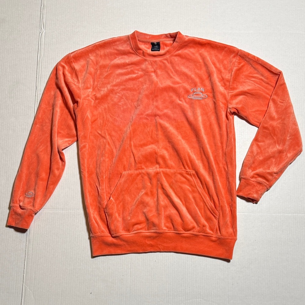 FLAN LABS Orange Crewneck Velour Sweatshirt Blue Embroidered Logo Oversized‎ SM